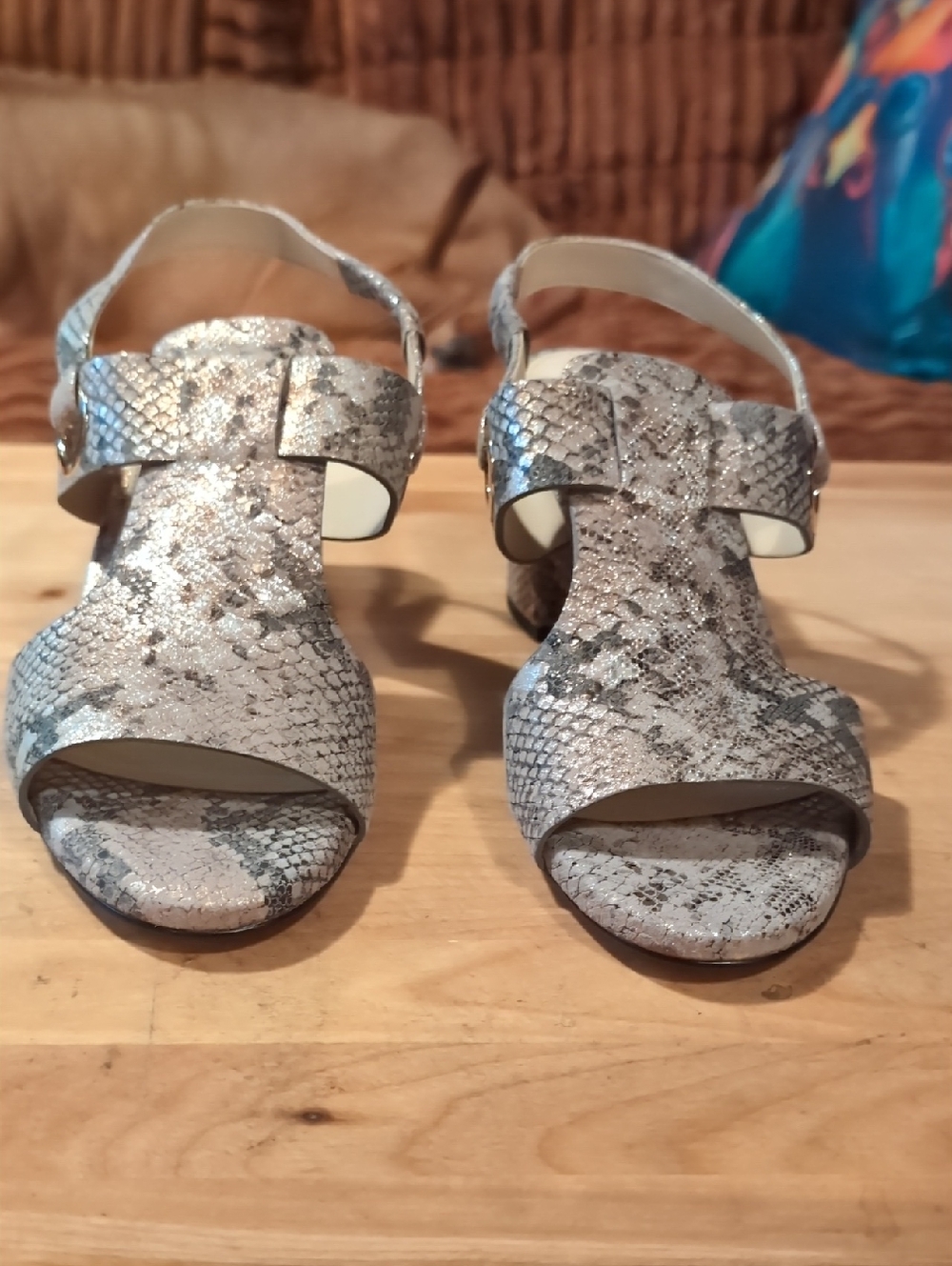 Cole Haan Snake-Print Open-Toe Block Heel Sandals Tan & Black.